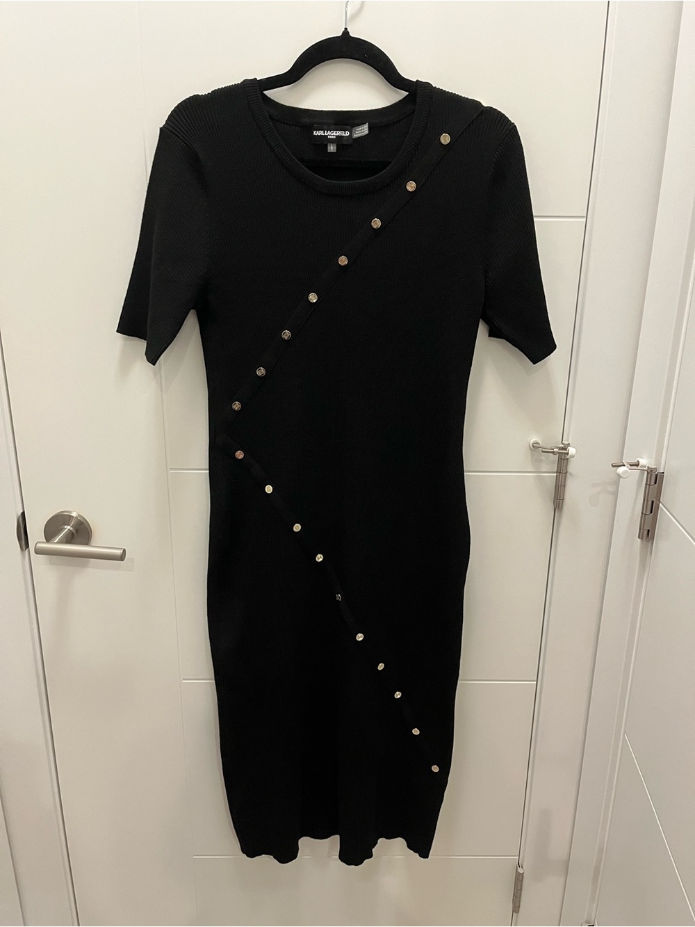Karl Lagerfeld Black Ribbed Midi Dress with Diagonal Metal Buttons